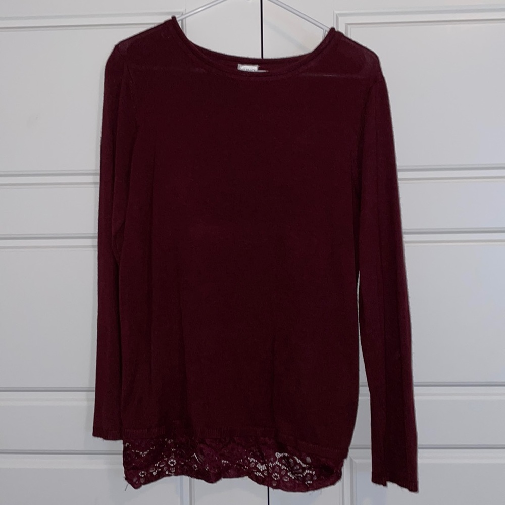 Maroon Cupio Long Sleeve Sweater Top with Lace Overlay Trim And Back